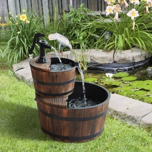 Outdoor 2-Tier Solid Wood Whisky Barrel Waterfall Fountain with Electric Pump - Image 4