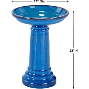 2 Gallon Blue Ceramic Traditional Outdoor Patio Garden Birdbath
