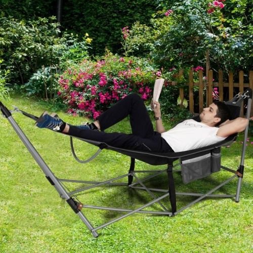 Black Portable Camping Foldable Hammock with Stand and Carry Case - Image 3