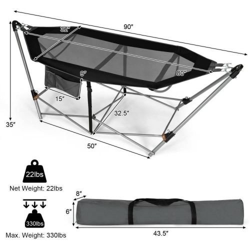 Black Portable Camping Foldable Hammock with Stand and Carry Case - Image 2
