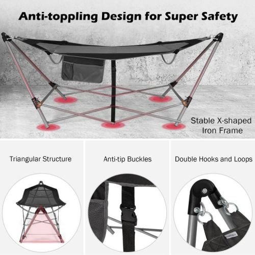 Black Portable Camping Foldable Hammock with Stand and Carry Case - Image 5