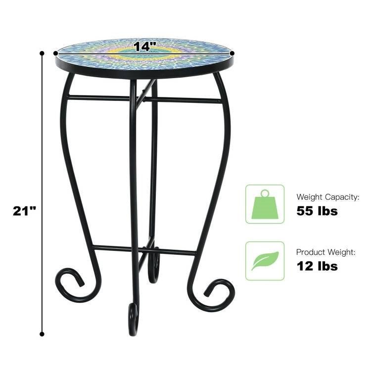 Indoor/Outdoor Blue Mosaic Round Side Accent Table Plant Stand - Image 4
