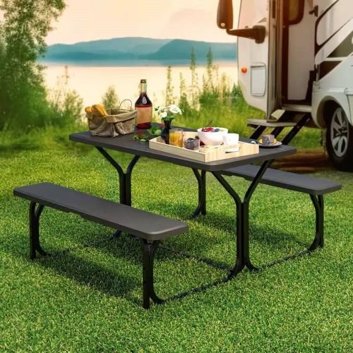 Black Rectangular Picnic Table with Bench Outdoor Patio Dining Set - Image 5