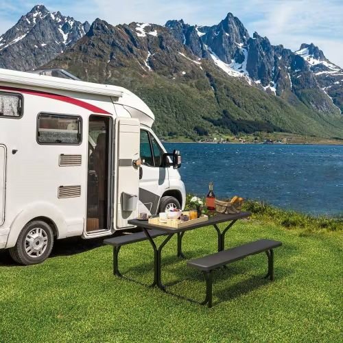 Black Rectangular Picnic Table with Bench Outdoor Patio Dining Set - Image 4