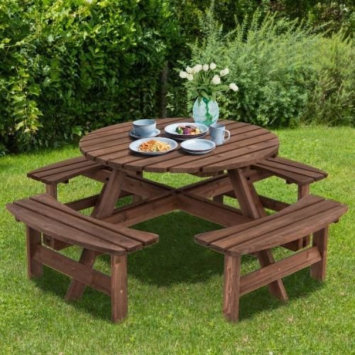 8-Set Outdoor Solid Wood Round Picnic Table with 4 Benches Patio Garden Dining Set - Image 4