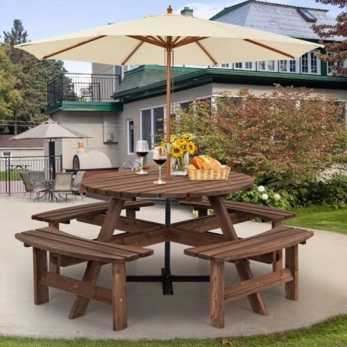 8-Set Outdoor Solid Wood Round Picnic Table with 4 Benches Patio Garden Dining Set - Image 3