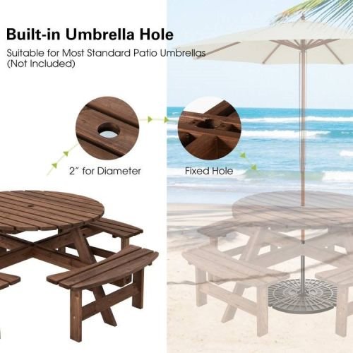 8-Set Outdoor Solid Wood Round Picnic Table with 4 Benches Patio Garden Dining Set - Image 2