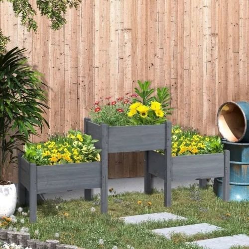 3 Grey Wood Elevated Planter Set Vegetable Herb Flowers Raised Garden Beds - Image 5
