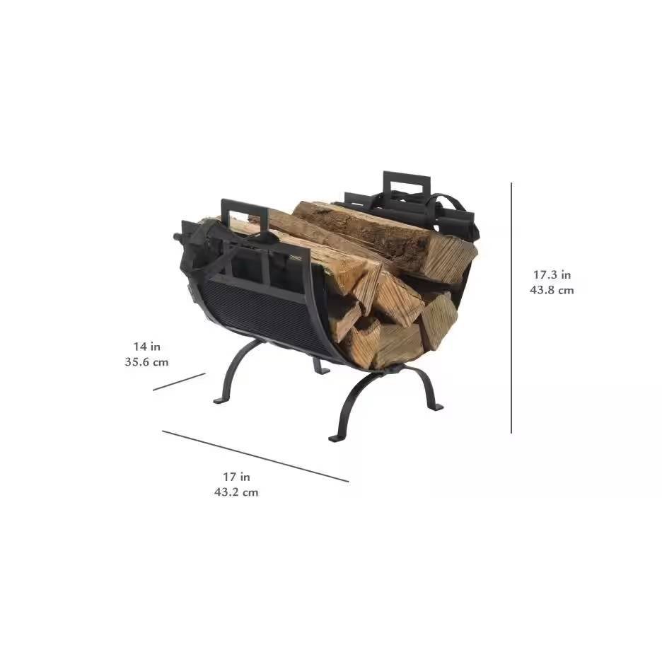 Heavy Duty 17-inch Black Metal Firewood Log Rack with Removable Canvas Tote