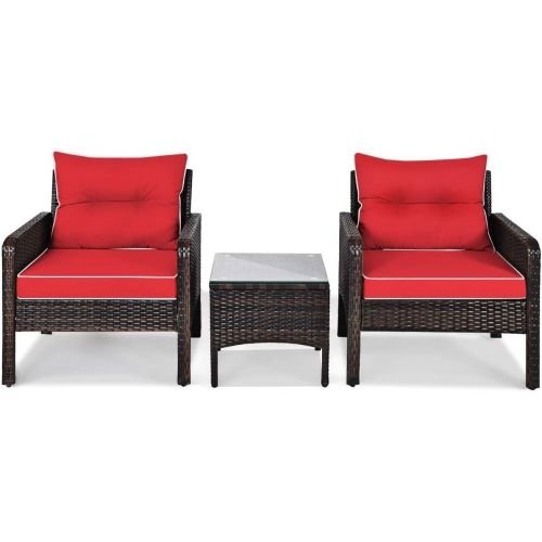 3-Piece Brown PE Rattan Outdoor Dining Patio Furniture Set with Red Cushions - Image 4