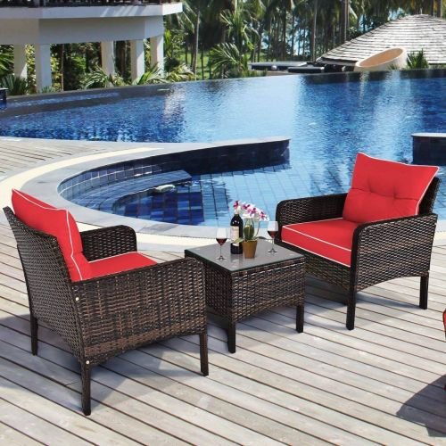 3-Piece Brown PE Rattan Outdoor Dining Patio Furniture Set with Red Cushions - Image 2