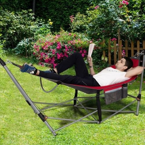 Red Portable Camping Foldable Hammock with Stand and Carry Case - Image 2