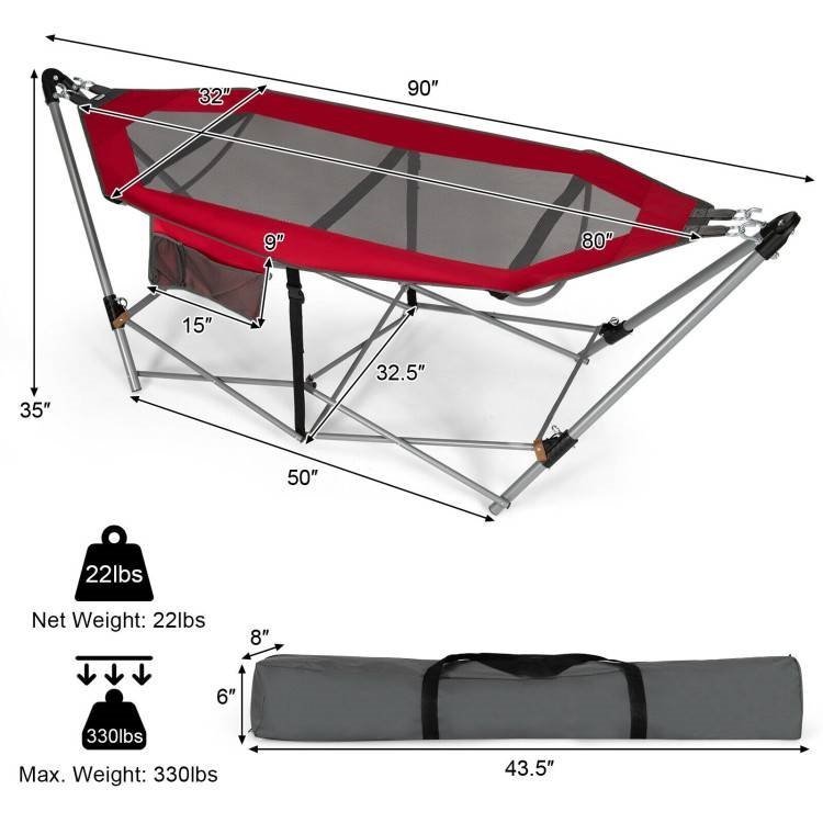 Red Portable Camping Foldable Hammock with Stand and Carry Case - Image 4