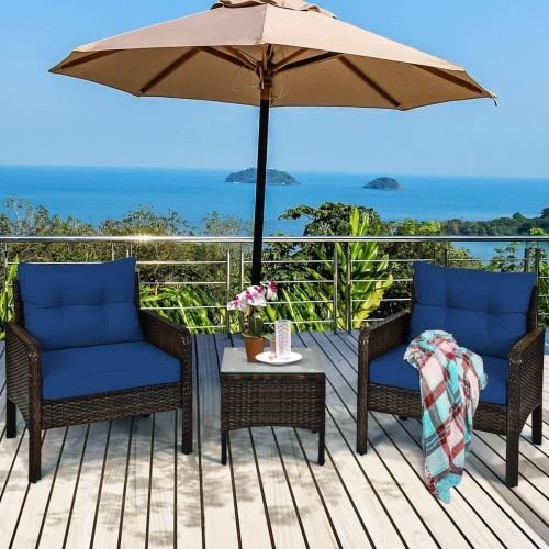 3-Piece Brown PE Rattan Outdoor Dining Patio Furniture Set with Blue Cushions - Image 4