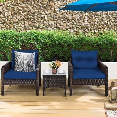 3-Piece Brown PE Rattan Outdoor Dining Patio Furniture Set with Blue Cushions - Image 2