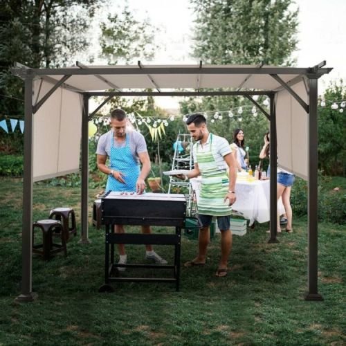 Modern 10 x 10 Ft Heavy Duty Metal Frame Pergola Gazebo with Beige Canopy - Image 2