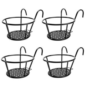 4Pcs Round Hanging Railing Planters Wrought Iron Flower Pot Holder Over The Rail Fence Plant Stand Basket 27LBS Load for Patio Balcony Porch Fenc