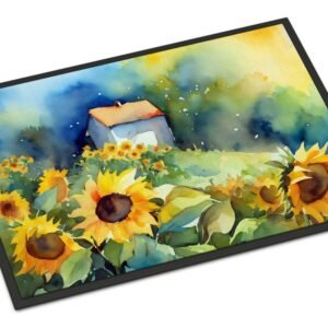 Sunflowers in Watercolor Doormat Front Door Mat Indoor Outdoor Rugs for Entryway, Non Slip Washable Low Pile, 24H X 36W