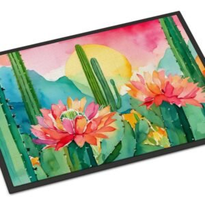 Arizona Saguaro Cactus Blossom in Watercolor Doormat Front Door Mat Indoor Outdoor Rugs for Entryway, Non Slip Washable Low Pile, 24H X 36W