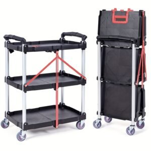 Versatile 3-Tier Foldable Cart with Locking Wheels - Portable 3-Tier Work Cart with 4 Wheels (2 Lockable), Ideal for Home/Office/Warehouse