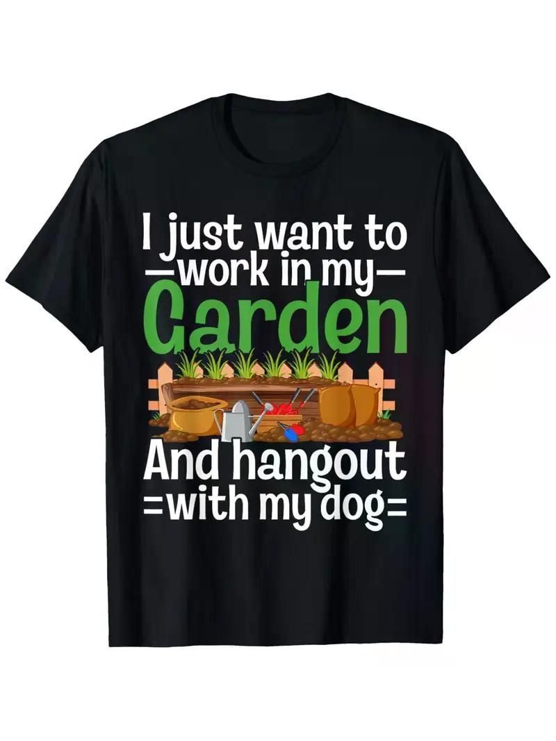 Gardening And Dogs T-Shirt Funny Gardening Plants T-Shirt, 100% Cotton, Single Side Printed, Black Short Sleeve T-shirt