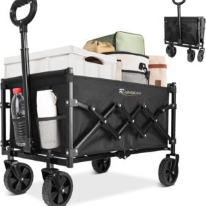 RAINBEAN Collapsible Wagon Cart Foldable Heavy Duty Folding Wagon Large Capacity Shopping Cart Utility for Camping Garden Beach Sports Fishing