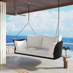 51.9" 2-Person Hanging Seat, Rattan Woven Swing Chair, Porch Swing With Ropes