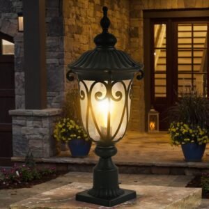 24"(H) 1-pack Vintage Black Outdoor Post Lantern - Waterproof Aluminum Lamp Post Light with Bubble Glass, Decorative Garden Pathway Lighting for